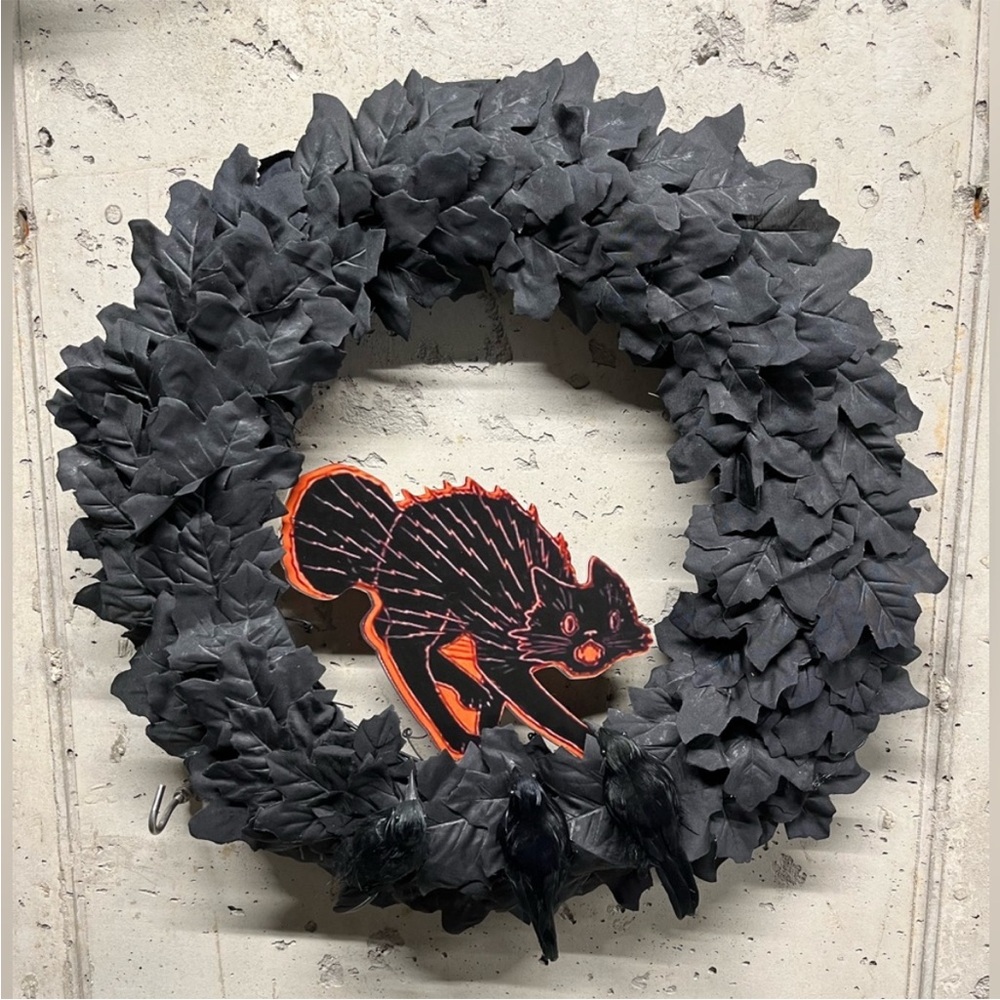 Hand Crafted Black Scaredy Cat Raven Wreath Black Leaves Black Orange Cat Goth